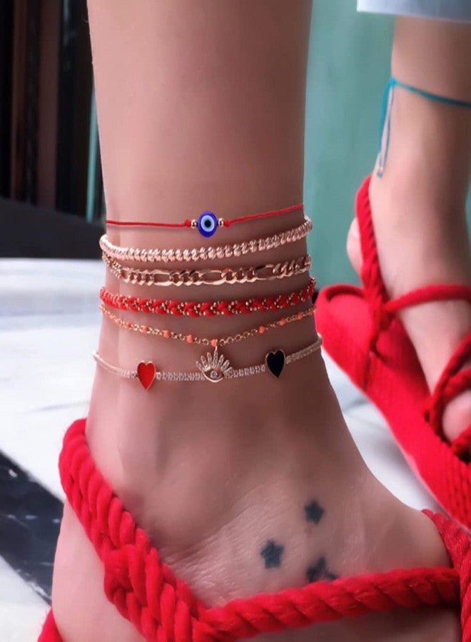SUMMER LOVE Evil Eye Bracelet Anklet Black Red String Lucky Protection Handmade Adjustable Bracelets for Women Men Teens (Red string blue eye gold) - Image 4