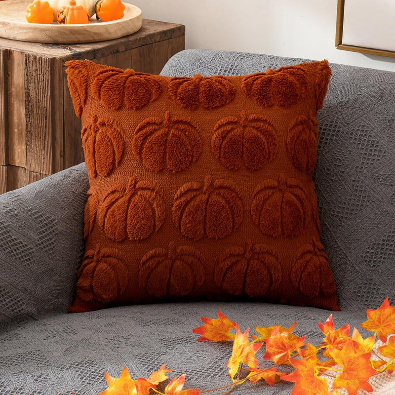 ANRODUO Pumpkin Fall Decorative Throw Pillow Covers 20x20 Set of 2 Dark Rust Plush Faux Wool Pillow Covers for Autumn Harvest Fluffy Plush Couch Pillow Cases for Bed Sofa Living Room Halloween Decor - Image 3