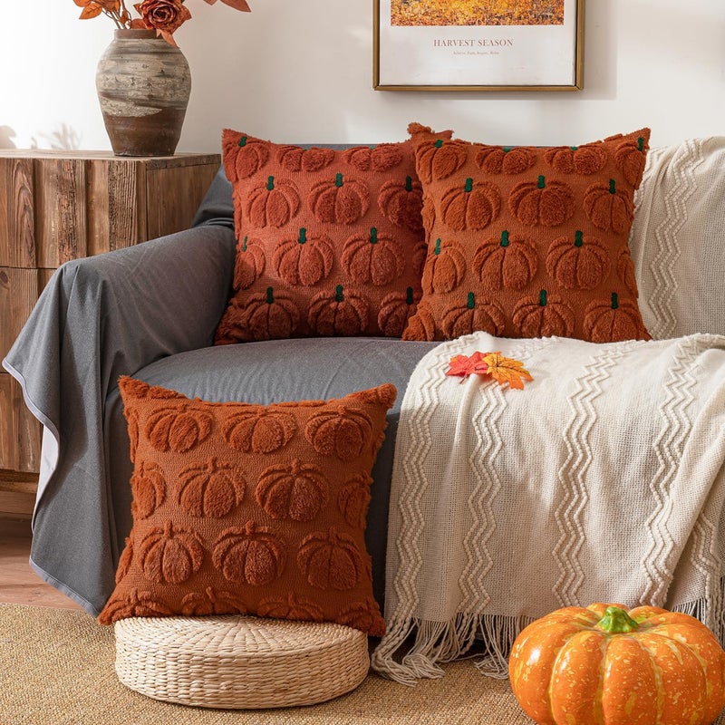 ANRODUO Pumpkin Fall Decorative Throw Pillow Covers 20x20 Set of 2 Dark Rust Plush Faux Wool Pillow Covers for Autumn Harvest Fluffy Plush Couch Pillow Cases for Bed Sofa Living Room Halloween Decor - Image 4