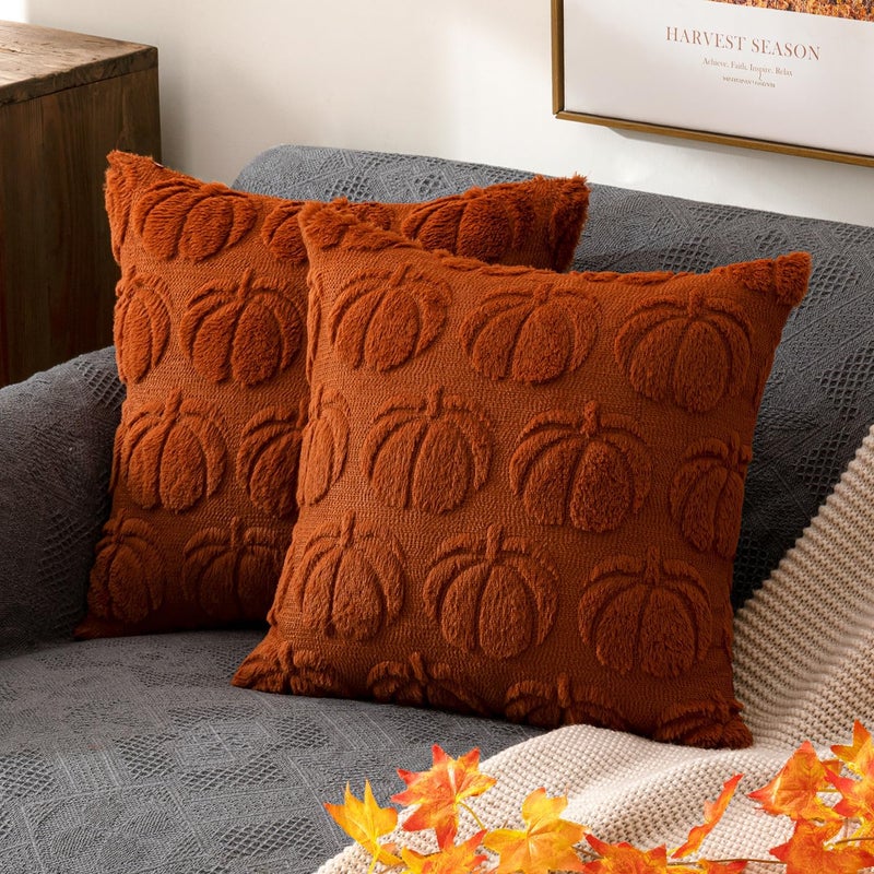 ANRODUO Pumpkin Fall Decorative Throw Pillow Covers 20x20 Set of 2 Dark Rust Plush Faux Wool Pillow Covers for Autumn Harvest Fluffy Plush Couch Pillow Cases for Bed Sofa Living Room Halloween Decor - Image 1