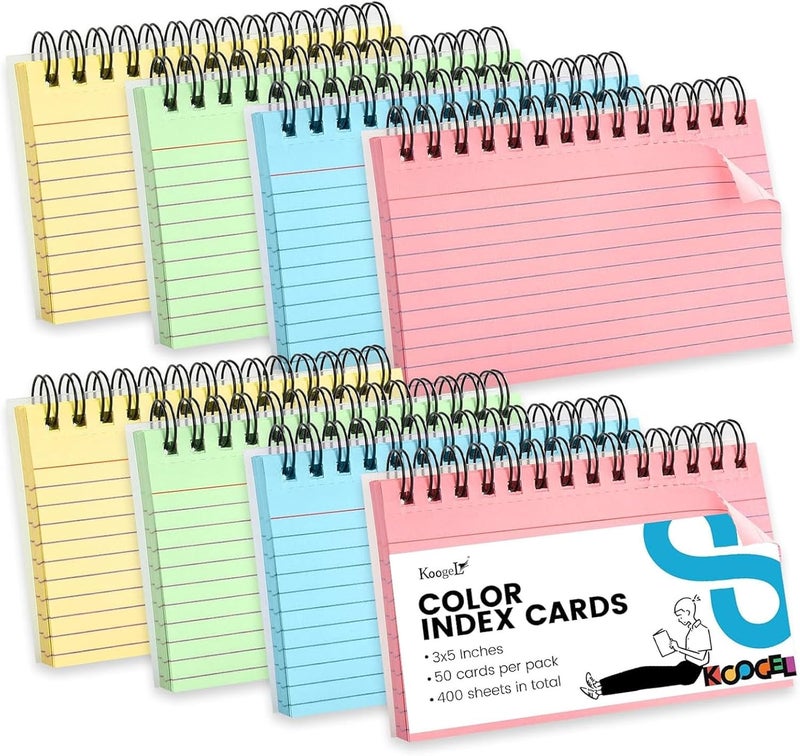 Koogel 400 Pieces Index Card, 3 x 5 Inch Colorful Learning Card Note Cards 8 Pack of Colorful Paper Ring Index Cards Bulk Index Cards for Home School Office - Image 1