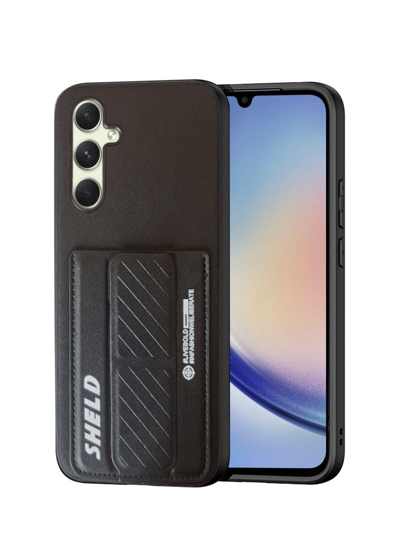 Techie Aesthetic Sheld Fashion Frosted Finished PU Leather Card Holder with Magnetic Secure Hand Grip Kickstand Back Cover Case for Samsung Galaxy A54 5G – Black - Image 1