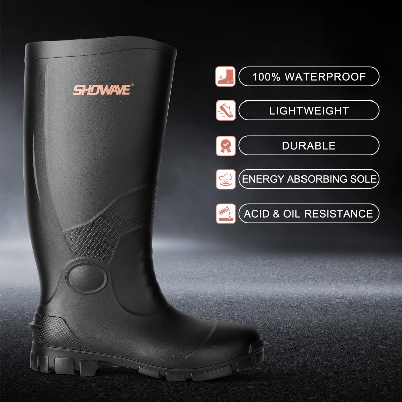 Showave Men's Rain Boots with Reinforced Steel Shank Waterproof Rubber Boots Durable Concrete Boot Outdoor Work Boots Lightweight Mud Boots Plain Toe for Agriculture Industrial(Black 12) - Image 4