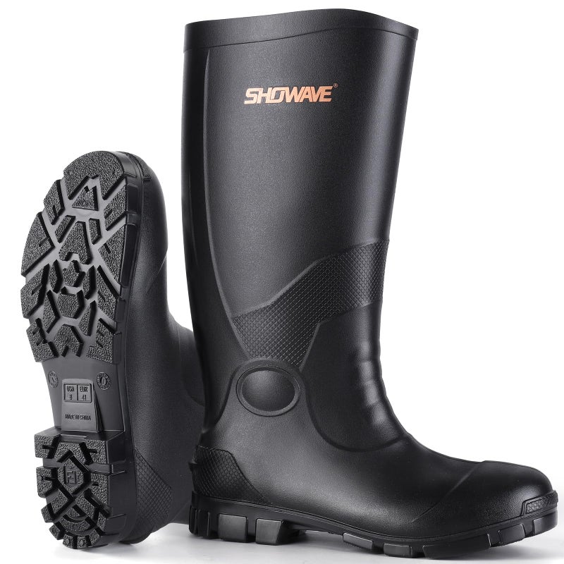 Showave Men's Rain Boots with Reinforced Steel Shank Waterproof Rubber Boots Durable Concrete Boot Outdoor Work Boots Lightweight Mud Boots Plain Toe for Agriculture Industrial(Black 12) - Image 1