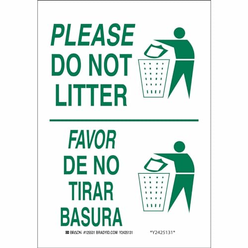 Brady علامة ثنائية اللغة برادي 125530، أسطورة "يرجى عدم إلقاء القمامة / Favor De No Tirar Basura"، ارتفاع 10"، عرض 7"، أخضر على أبيض - Image 1