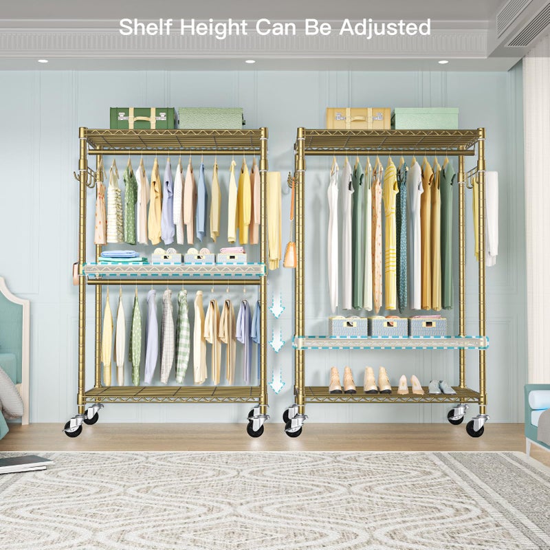FUTASSI P1 Rolling Clothes Rack, Movable Metal Garment Closet Organizer with Lockable Wheels, Clothing Wardrobe with Double Hanger Rods and Hooks, 35.4" W x 15.7" D x 80.5" H, Load 450lbs, Gold - Image 3