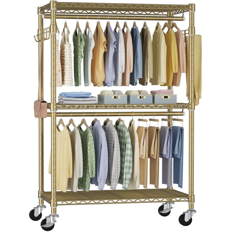 FUTASSI P1 Rolling Clothes Rack, Movable Metal Garment Closet Organizer with Lockable Wheels, Clothing Wardrobe with Double Hanger Rods and Hooks, 35.4" W x 15.7" D x 80.5" H, Load 450lbs, Gold - Image 1