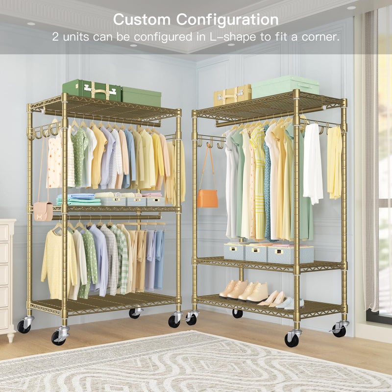 FUTASSI P1 Rolling Clothes Rack, Movable Metal Garment Closet Organizer with Lockable Wheels, Clothing Wardrobe with Double Hanger Rods and Hooks, 35.4" W x 15.7" D x 80.5" H, Load 450lbs, Gold - Image 4