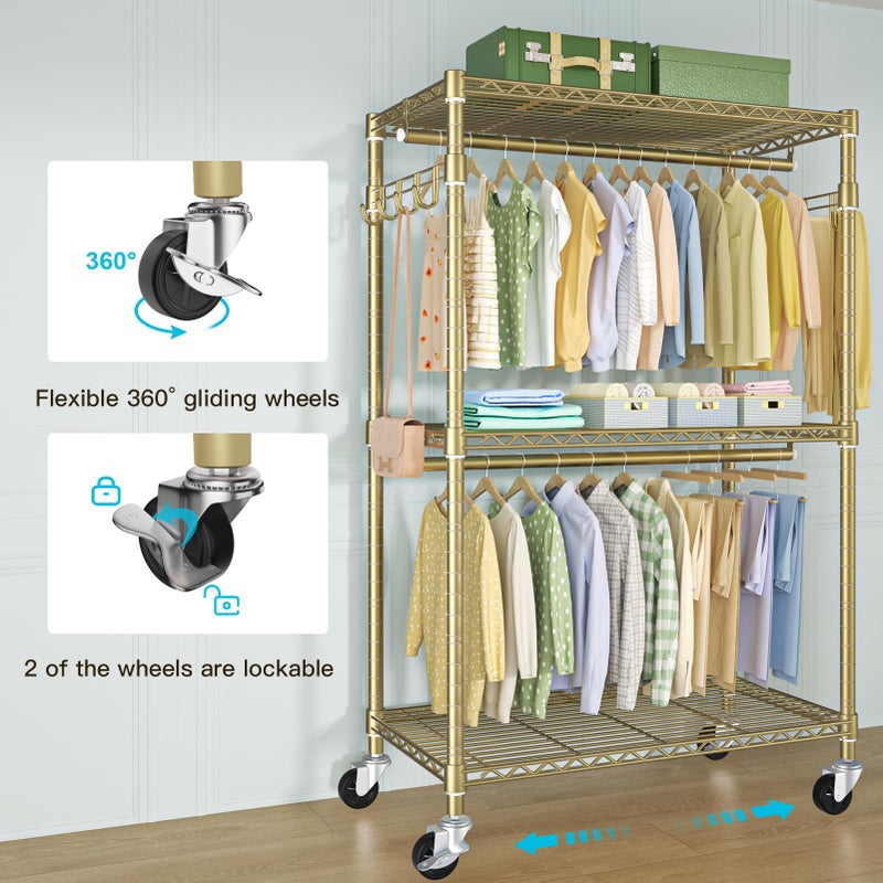 FUTASSI P1 Rolling Clothes Rack, Movable Metal Garment Closet Organizer with Lockable Wheels, Clothing Wardrobe with Double Hanger Rods and Hooks, 35.4" W x 15.7" D x 80.5" H, Load 450lbs, Gold - Image 5