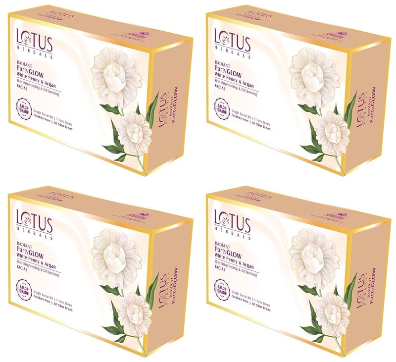 LOTUS HERBALS Lotus Herbals Radiant PartyGLOW White Peony  Argan Oil Detanning Facial Kit  5 Easy Steps  Paraben Free  Salon Grade  All Skin Types  Pack of 4  228g  - Image 1