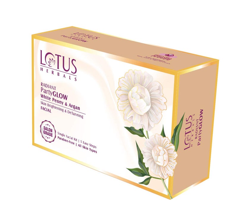 LOTUS HERBALS Lotus Herbals Radiant PartyGLOW White Peony  Argan Oil Detanning Facial Kit  5 Easy Steps  Paraben Free  Salon Grade  All Skin Types  Pack of 4  228g  - Image 2