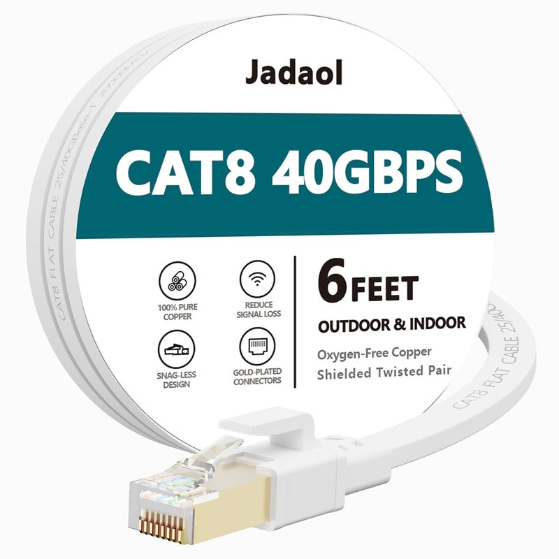 Jadaol Cat 8 Ethernet Cable 6 ft, 40Gbps 2000MHz Flat RJ45 S/FTP LAN Patch Cable, High-Speed Cat8 Network Cable for Router, Modem, Switch, Gaming Consoles, PC, Home Network & Streaming Devices, White - Image 1