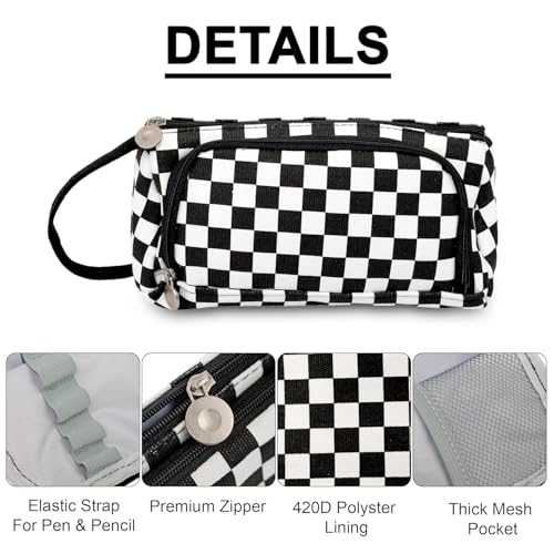 Xpandio Large Capacity Pencil Case Pouch, Cute Aesthetic Big Capacity Zipper Cases Pen Portable Office Stationery Makeup Bag, Desk Organizer for College Adults Women Men (Black & Whit Chess) - Image 3