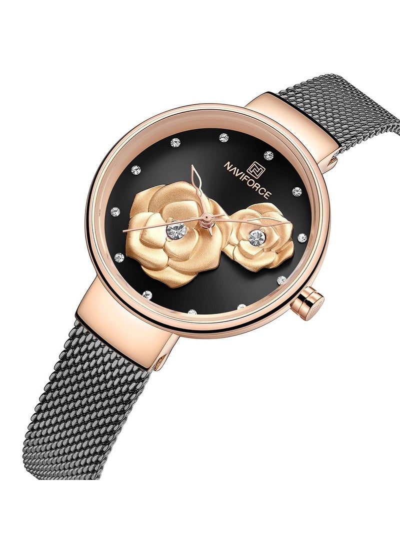 NAVIFORCE Elegant Women's Quartz Watch Stylish Round Dial with Floral Embossed Design Sparkling Crystal Hour Markers Stainless Steel Mesh Strap Fashionable Timepiece for Everyday Wear and Special Occasions  - Image 2