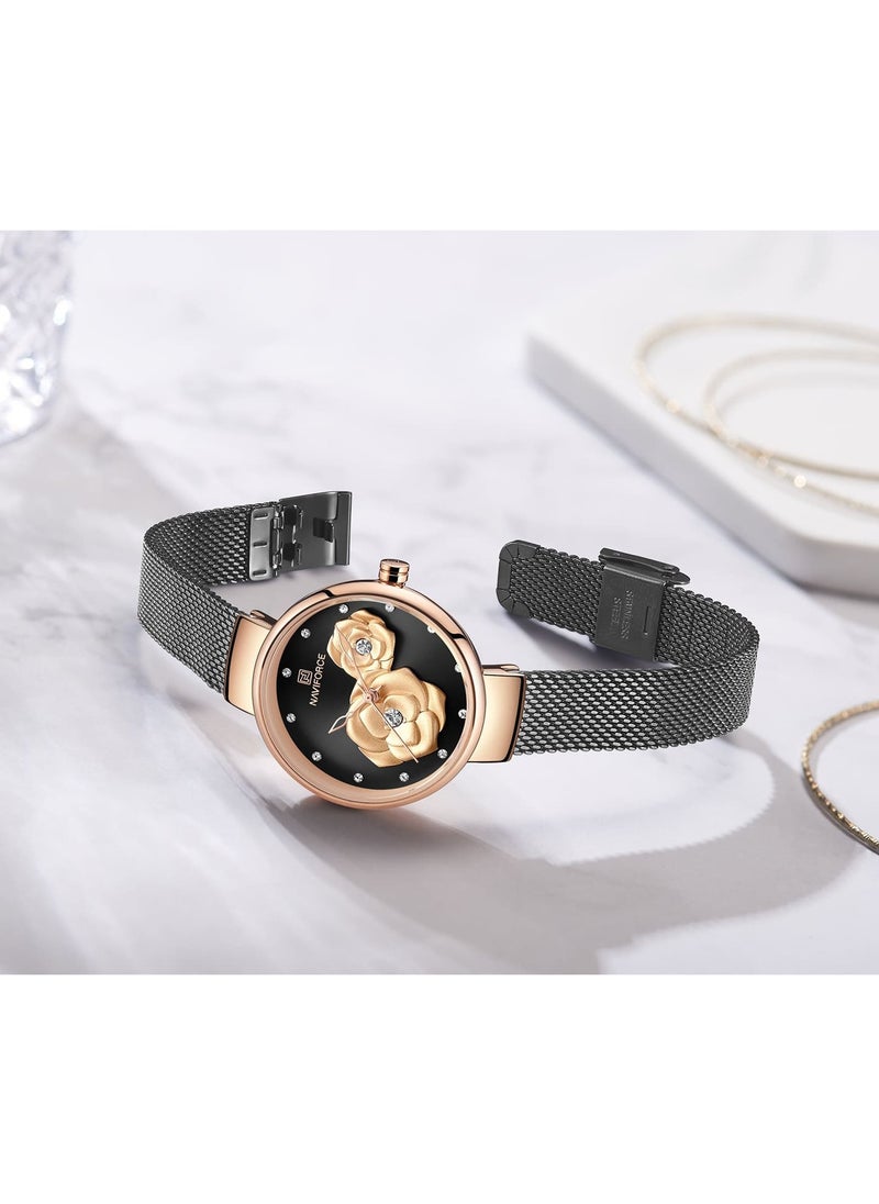 NAVIFORCE Elegant Women's Quartz Watch Stylish Round Dial with Floral Embossed Design Sparkling Crystal Hour Markers Stainless Steel Mesh Strap Fashionable Timepiece for Everyday Wear and Special Occasions  - Image 3