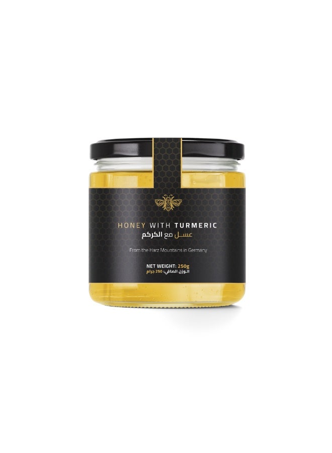 Honey with Turmeric 250g – A golden blend of 94% pure German blossom honey and 6% premium turmeric powder for a warm, aromatic taste that naturally supports immunity, energy, and overall wellness.