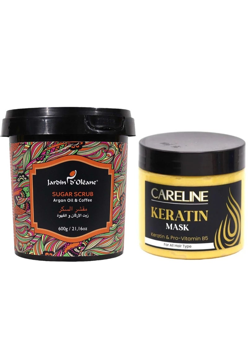 Careline Ultimate Revitalizing Hair & Body Combo: Careline Keratin Hair Mask (500ml) + Jardin D'Oleane Argan Oil & Coffee Sugar Scrub (600g) - Image 1