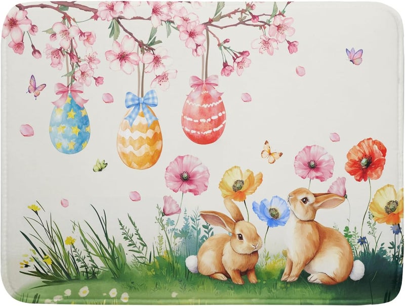 Giwawa Easter Bunny Dish Drying Mat, Spring Rabbits Eggs Hunt Dish Drainer Mats for Kitchen Countertop, Watercolor Floral Absorbent Reversible Dish Drying Pad Decor, 18x24inches, Large - Image 1