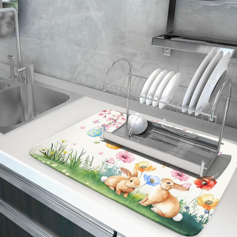 Giwawa Easter Bunny Dish Drying Mat, Spring Rabbits Eggs Hunt Dish Drainer Mats for Kitchen Countertop, Watercolor Floral Absorbent Reversible Dish Drying Pad Decor, 18x24inches, Large - Image 5