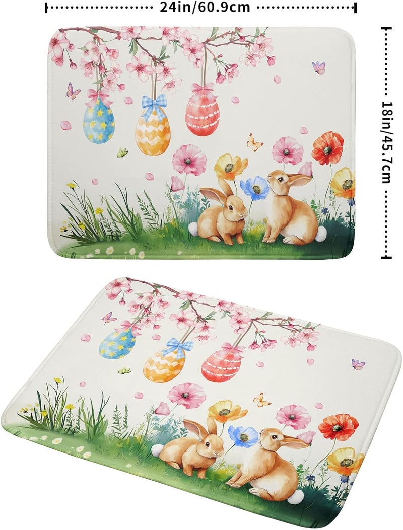 Giwawa Easter Bunny Dish Drying Mat, Spring Rabbits Eggs Hunt Dish Drainer Mats for Kitchen Countertop, Watercolor Floral Absorbent Reversible Dish Drying Pad Decor, 18x24inches, Large - Image 2