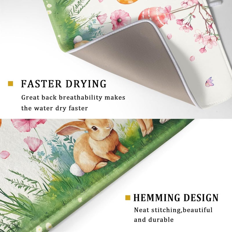 Giwawa Easter Bunny Dish Drying Mat, Spring Rabbits Eggs Hunt Dish Drainer Mats for Kitchen Countertop, Watercolor Floral Absorbent Reversible Dish Drying Pad Decor, 18x24inches, Large - Image 3