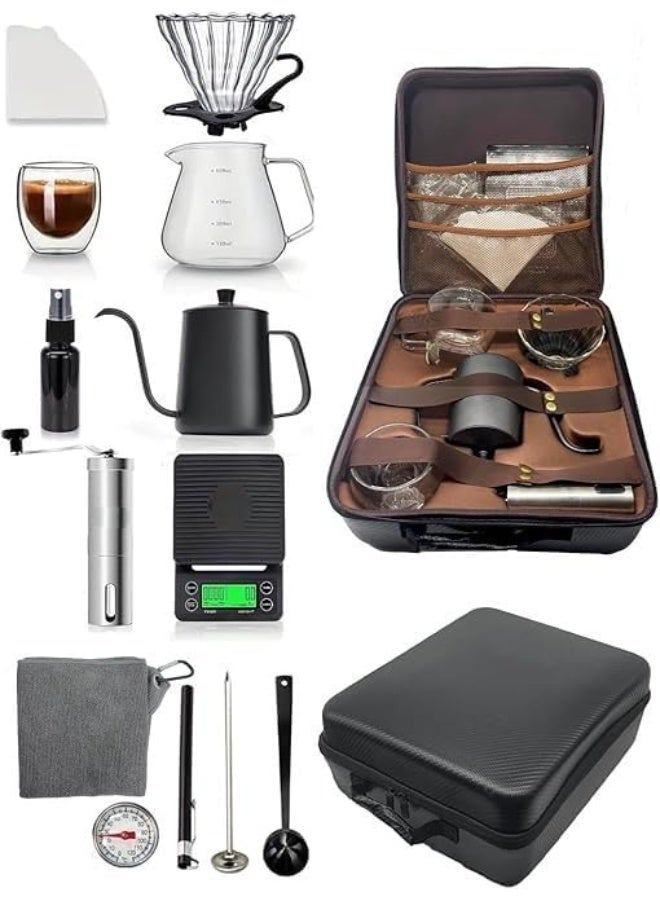 JAJEEK 12-Piece Coffee Set – 600ml Stainless Steel Kettle, Glass Server, Dripper, Mug, Manual Grinder, Filters, Scale, Thermometer, Spoon, Cleaner, Travel Bag – Complete Coffee Brewing Kit - Image 1