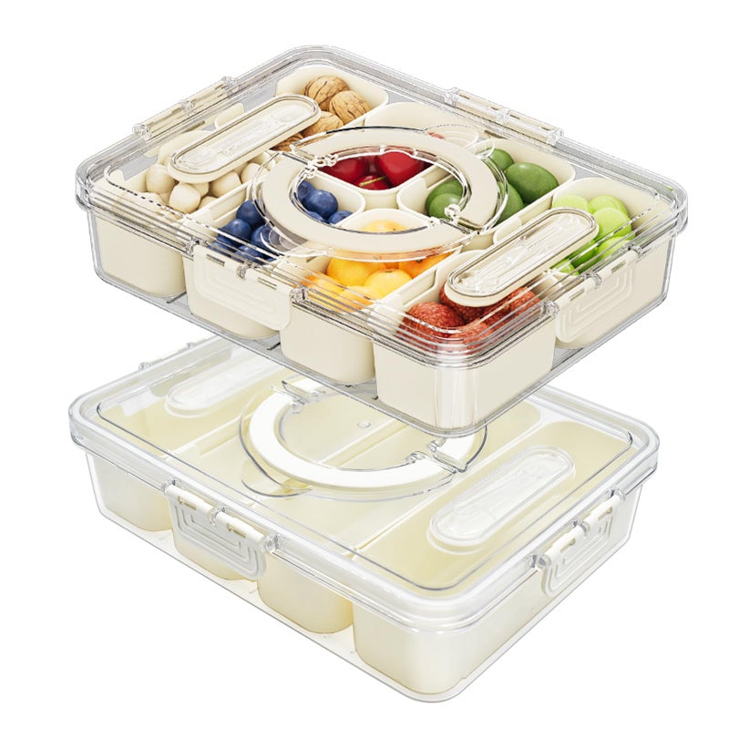 WHFDCai 2 Pack Divided Serving Tray with lid and Handle, 8 & 4 Compartments Snackle Box with Utensils, Fridge Food Veggie Condiment Storage, Kitchen Clear Food Container for Picnic, Camping, School - Image 1