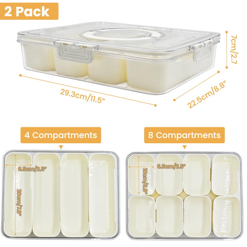 WHFDCai 2 Pack Divided Serving Tray with lid and Handle, 8 & 4 Compartments Snackle Box with Utensils, Fridge Food Veggie Condiment Storage, Kitchen Clear Food Container for Picnic, Camping, School - Image 2