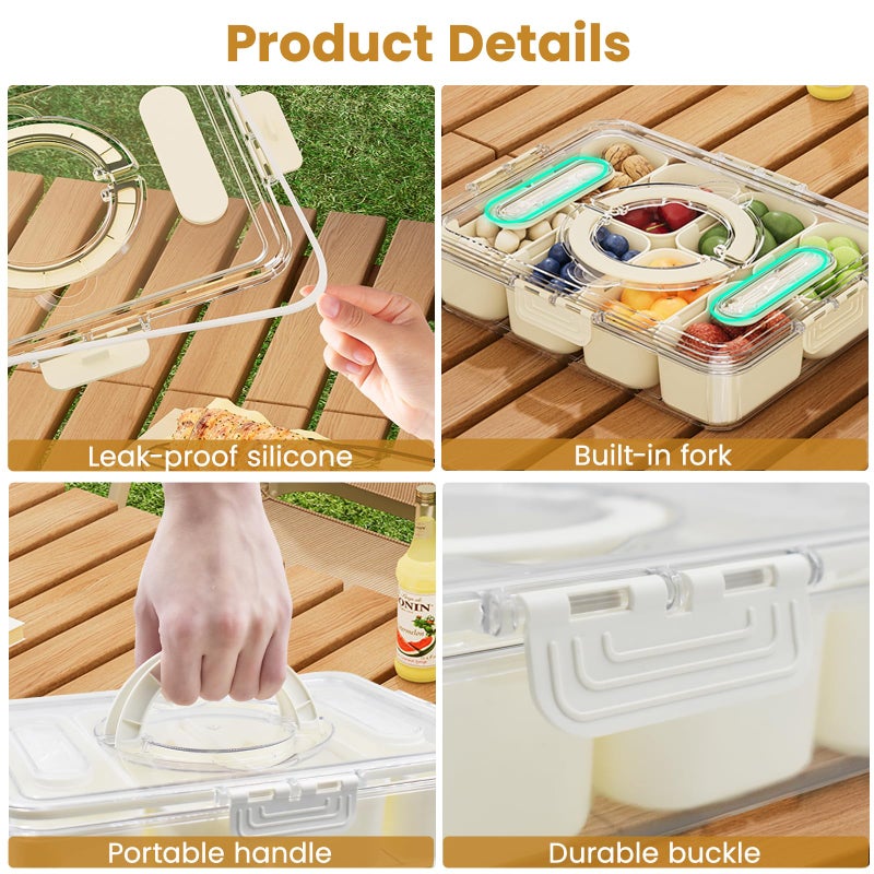 WHFDCai 2 Pack Divided Serving Tray with lid and Handle, 8 & 4 Compartments Snackle Box with Utensils, Fridge Food Veggie Condiment Storage, Kitchen Clear Food Container for Picnic, Camping, School - Image 3