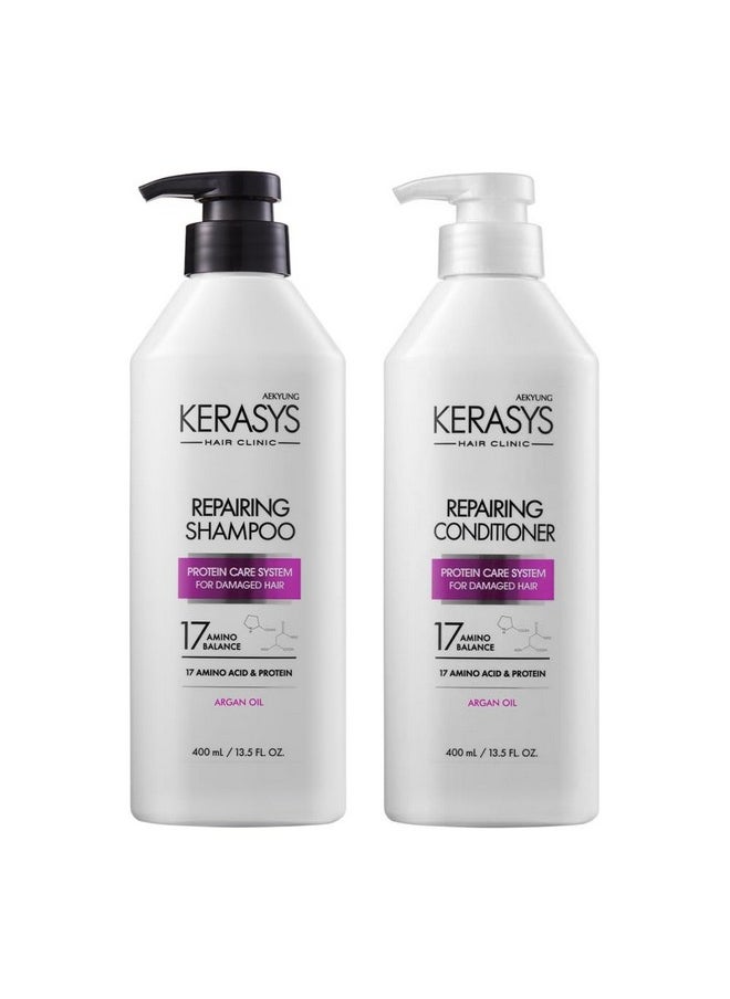 Kerasys - Hair Clinic Protein Care System For Damaged Hair Argan Oil Repairing 13.5 Fl Oz / 400 Ml (Shampoo + Conditioner Set) - Image 1