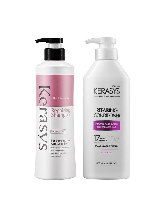Kerasys - Hair Clinic Protein Care System For Damaged Hair Argan Oil Repairing 13.5 Fl Oz / 400 Ml (Shampoo + Conditioner Set) - Image 1