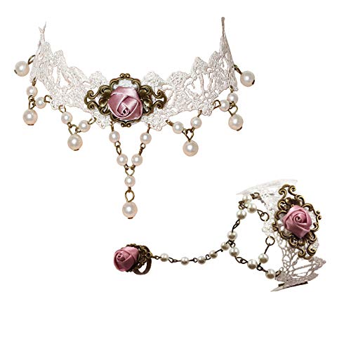 MILAKOO Women White Lace Necklace Gothic Style Tassel Flower Pendant Choker Princess Bracelet Set - Image 1