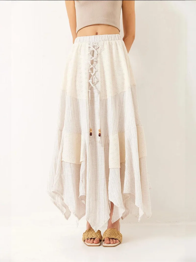 Bianco Lucci LUCCI Embroidered Maxi Skirt with Drawstring