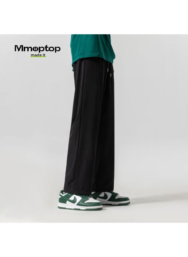 Mmoptop Style Ice Silk Casual Pants For Men, Spring And Summer Thin Printed Loose Breathable Straight-leg Trousers Fy03 Black L - Image 3