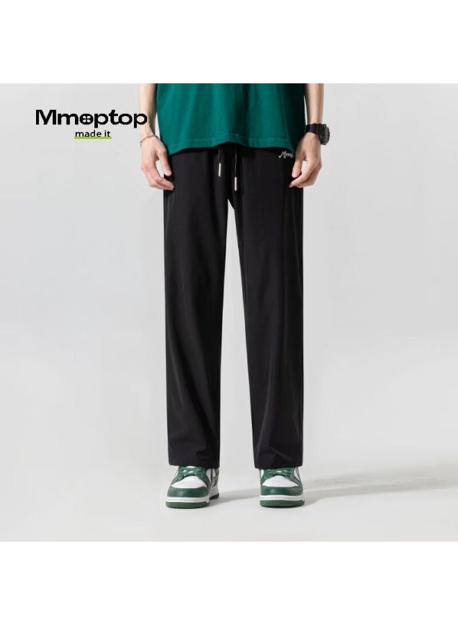 Mmoptop Style Ice Silk Casual Pants For Men, Spring And Summer Thin Printed Loose Breathable Straight-leg Trousers Fy03 Black L - Image 1