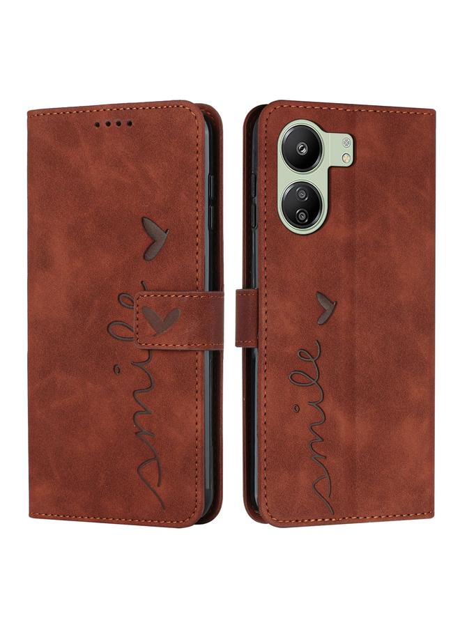 Case For Xiaomi Redmi 13C Skin Feel Heart Embossed Leather Phone Case with Long Lanyard