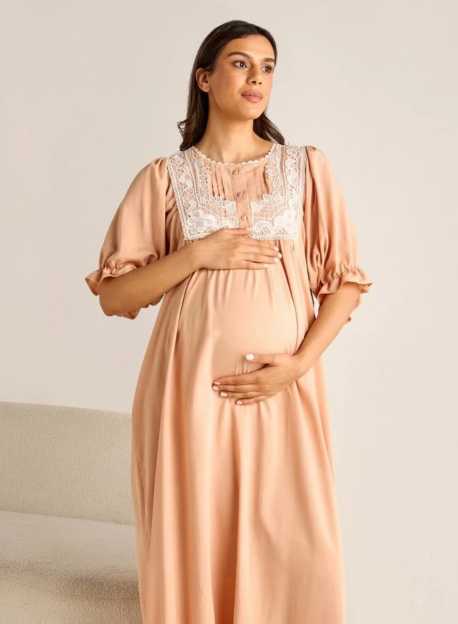 Splash FAV Lace Detail Maternity Night Gown with Puff Sleeves