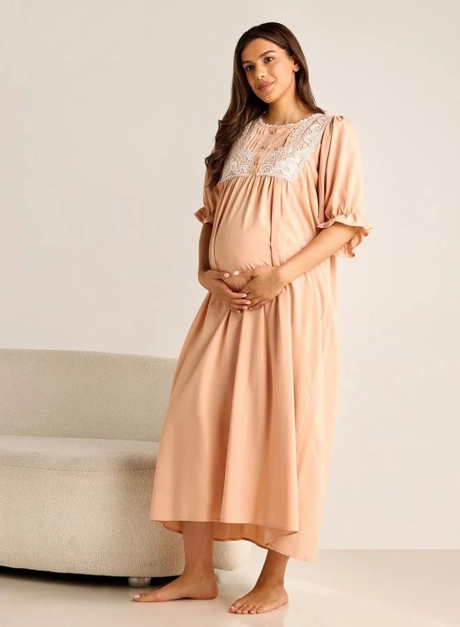 Splash FAV Lace Detail Maternity Night Gown with Puff Sleeves
