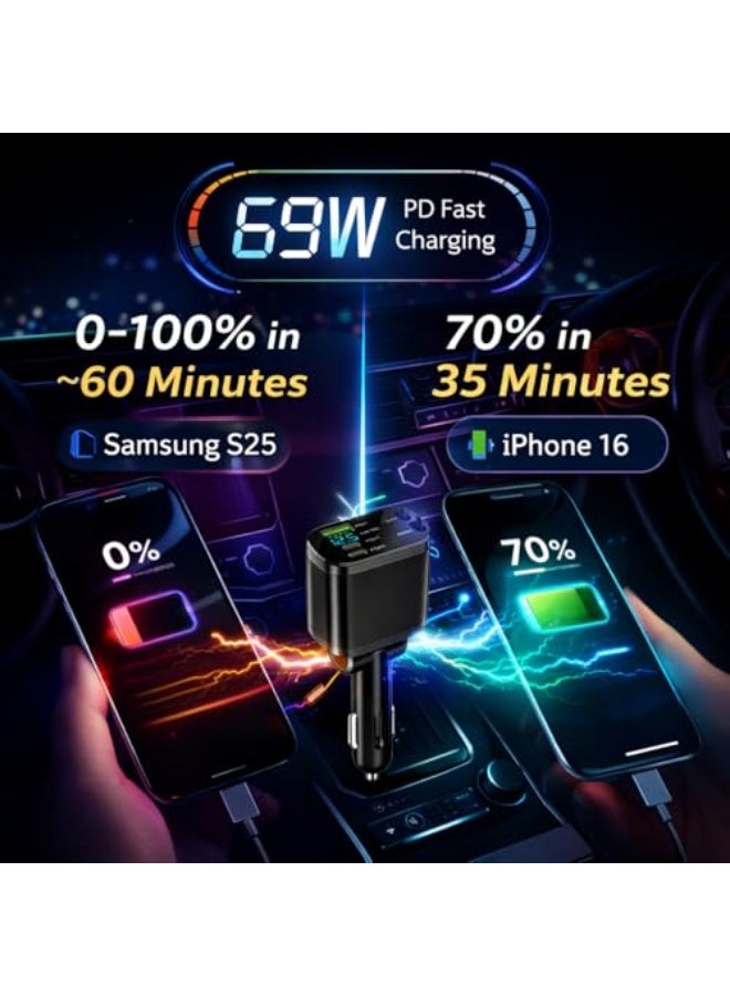 360° Rotation Retractable Car Charger, 5 in 1 Fast Charging Car Phone Charger 69W  Fast Charging, 2X Type-C u0026 1X Type-A Port for the most Mobiles - Image 3