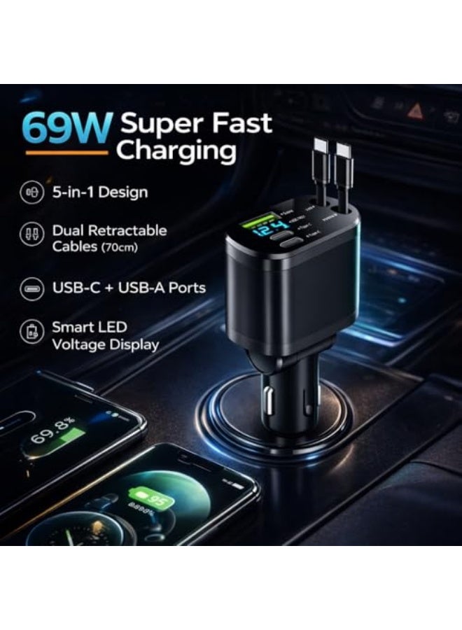 360° Rotation Retractable Car Charger, 5 in 1 Fast Charging Car Phone Charger 69W  Fast Charging, 2X Type-C u0026 1X Type-A Port for the most Mobiles - Image 2