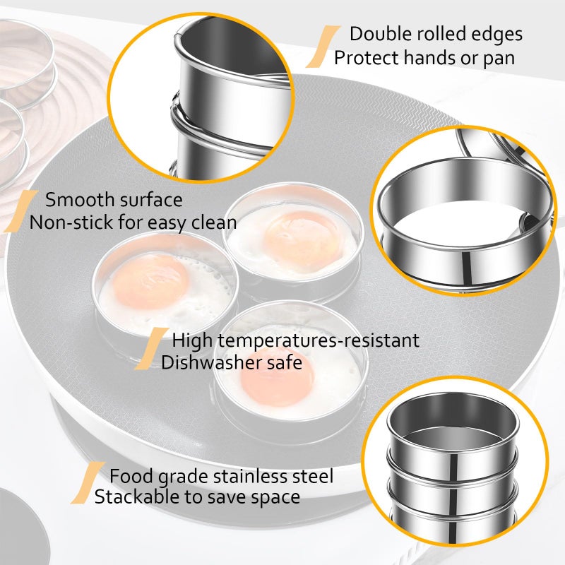 KUAYB 8-Pieces English Muffin Rings 4 Inch Crumpet Rings Stainless Steel Double Rolled Tart Rings Nonstick Metal Round Ring Molds For Cooking Baking Kitchen - Image 3