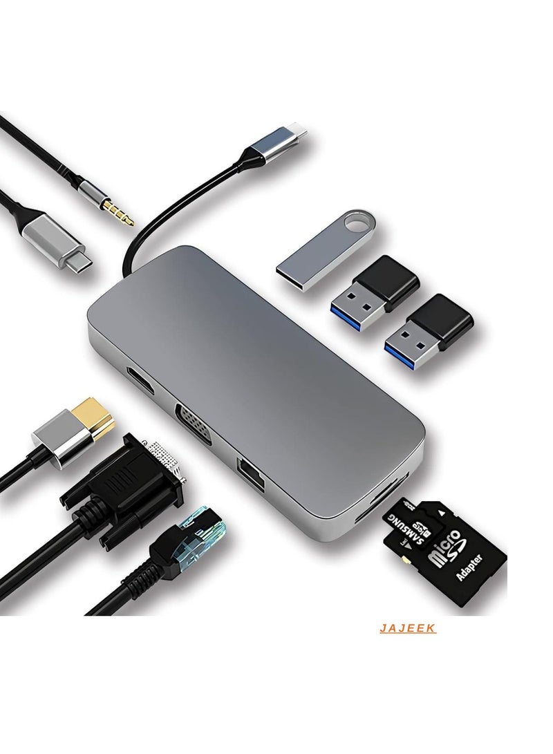 JAJEEK USB C Hub Docking Station 10-in-1 | 4K HDMI, VGA, USB 3.0, Ethernet, SD/TF Card Reader, 3.5mm AUX | High-Resolution Display & Fast Data Transfer for MacBook Pro & Type C Laptops  - Image 1