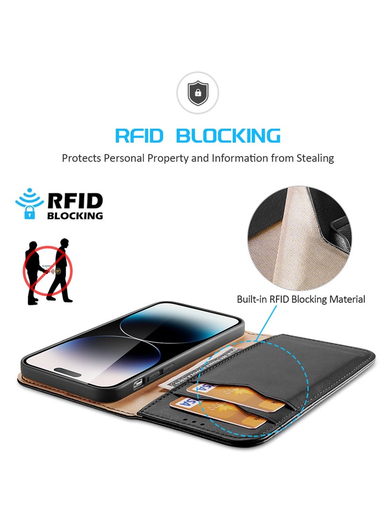 Aookay - Case For IPhone 15 Pro Max Luxury Cowhide Genuine Leather RFID Blocking Wallet Case Flip Case Cover With Kickstand Function and Card Slots For IPhone 15 Pro Max - Image 1
