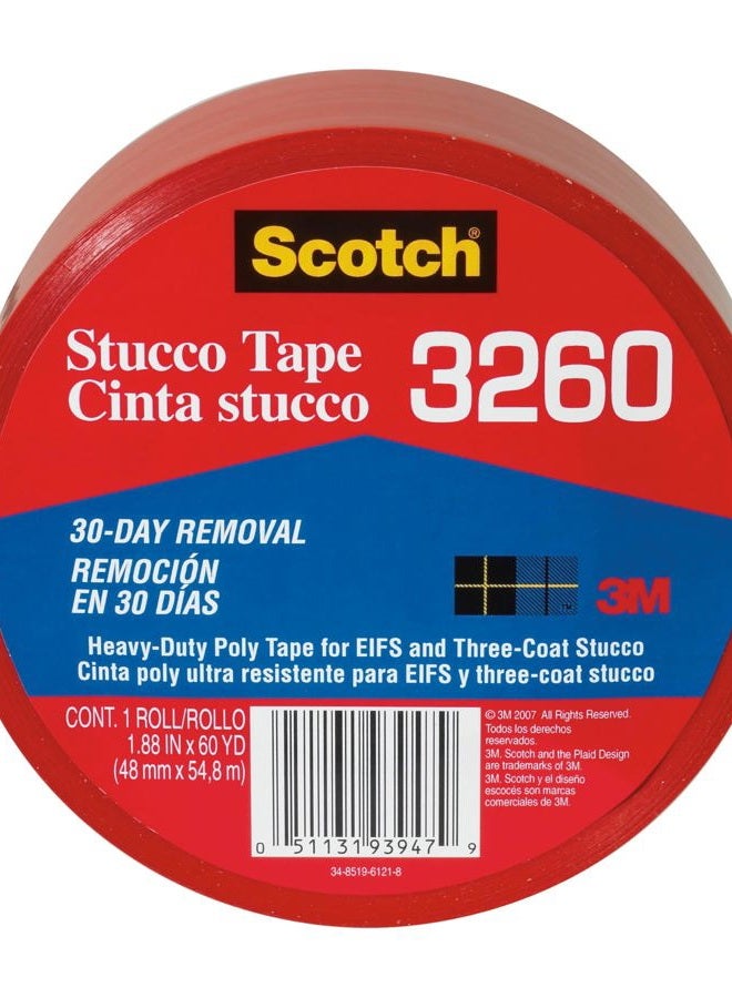 Scotch  Stucco Tape, 1.88 in x 60yd, 30 Day Clean Removal, Heavy-Duty Outdoor Stucco Tape, UV & Moisture Resistant, Water Resistant Poly Backing, 1 Roll, Red (3260-A)  - Image 1