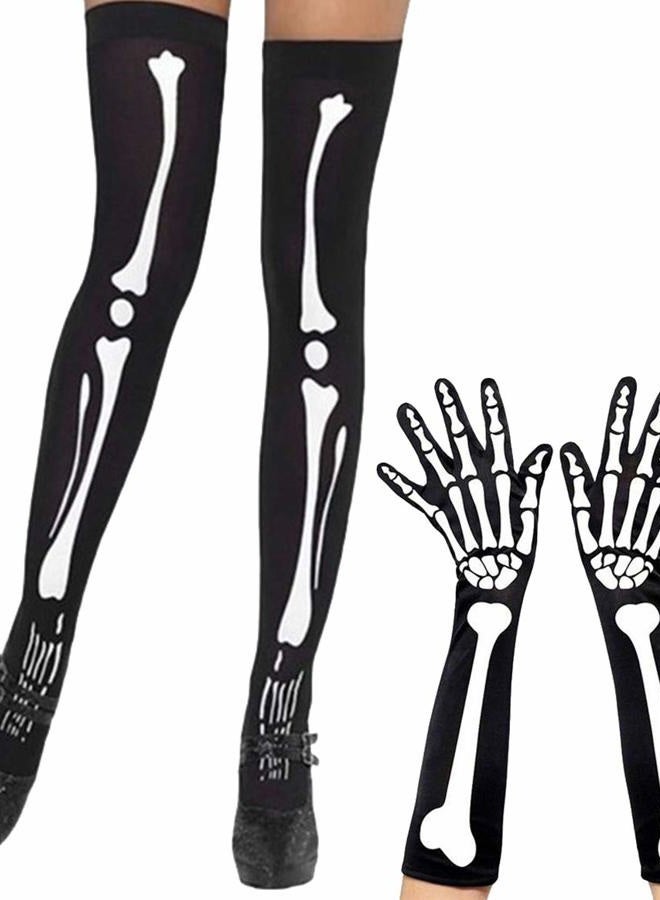 Sheliky Halloween Costume Party Cosplay Thigh High Knee High Socks & Mitten Gloves Set for Women Girl, Black, One size - Image 1