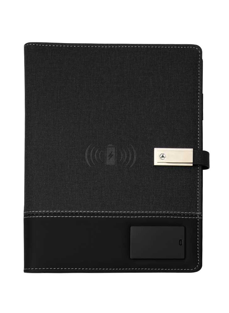 Belle Wireless Charging Notebook Organizer - 10000mAh Power Bank, A5 PU Leather Diary Planner with 16GB USB Drive, Customizable Light-Up Logo, Pen Loop, Cable & USB Holders