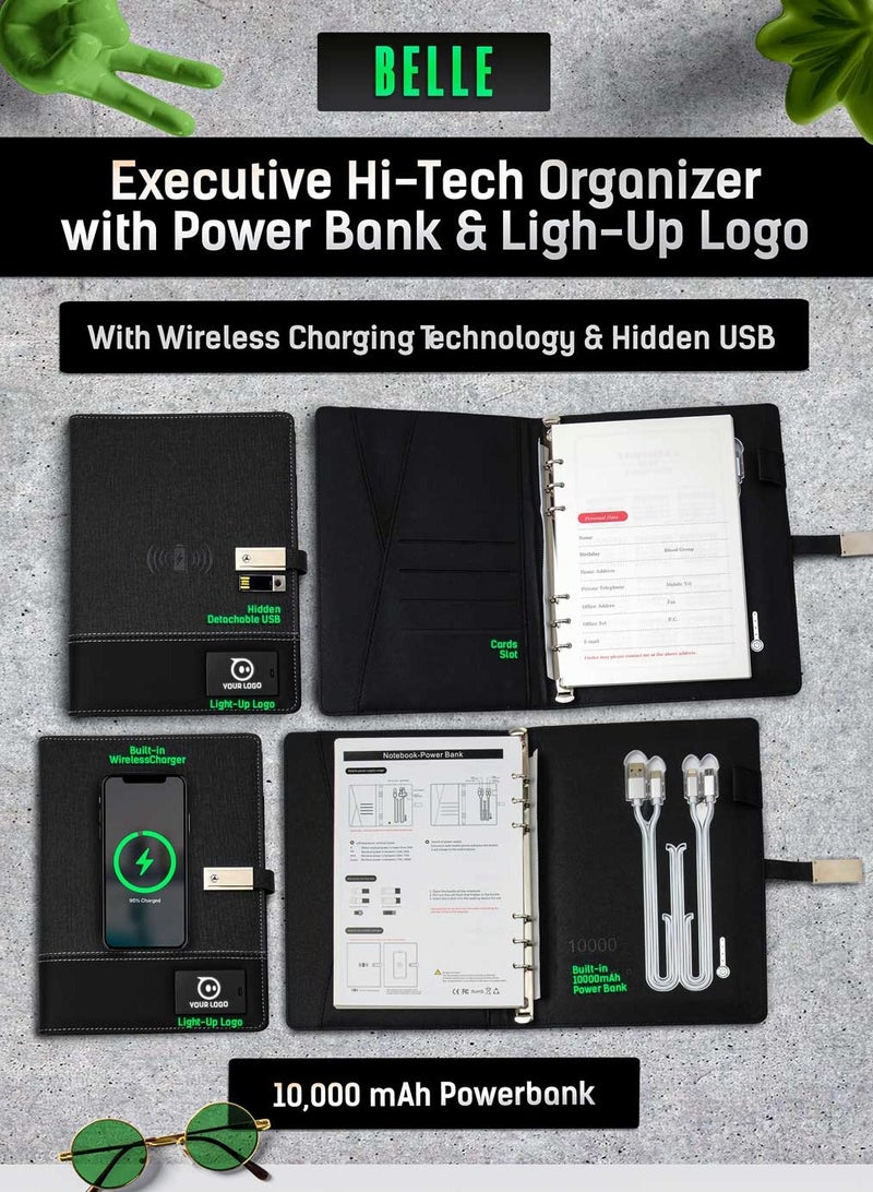 Belle Wireless Charging Notebook Organizer - 10000mAh Power Bank, A5 PU Leather Diary Planner with 16GB USB Drive, Customizable Light-Up Logo, Pen Loop, Cable & USB Holders