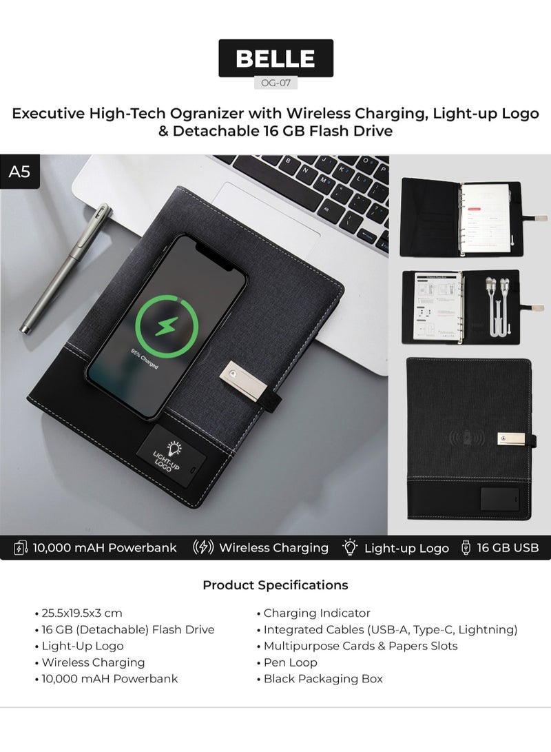 Belle Wireless Charging Notebook Organizer - 10000mAh Power Bank, A5 PU Leather Diary Planner with 16GB USB Drive, Customizable Light-Up Logo, Pen Loop, Cable & USB Holders