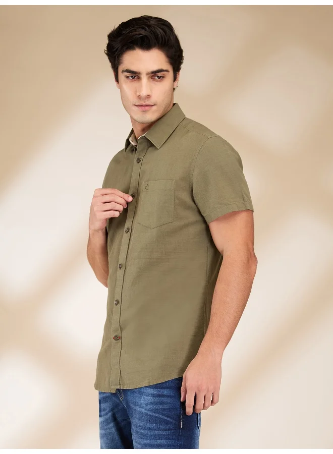بيينغ هيومان Mens Olive Collared Short Sleeve Shirt