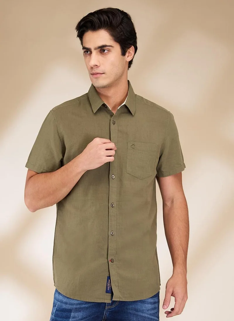 بيينغ هيومان Men Classic Spread Collar Solid Cotton Linen Casual Shirt